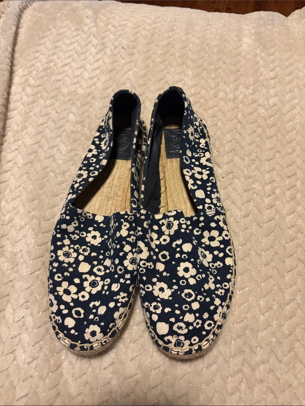 Tory Burch Navy and Cream Floral Canvas Espadrilles